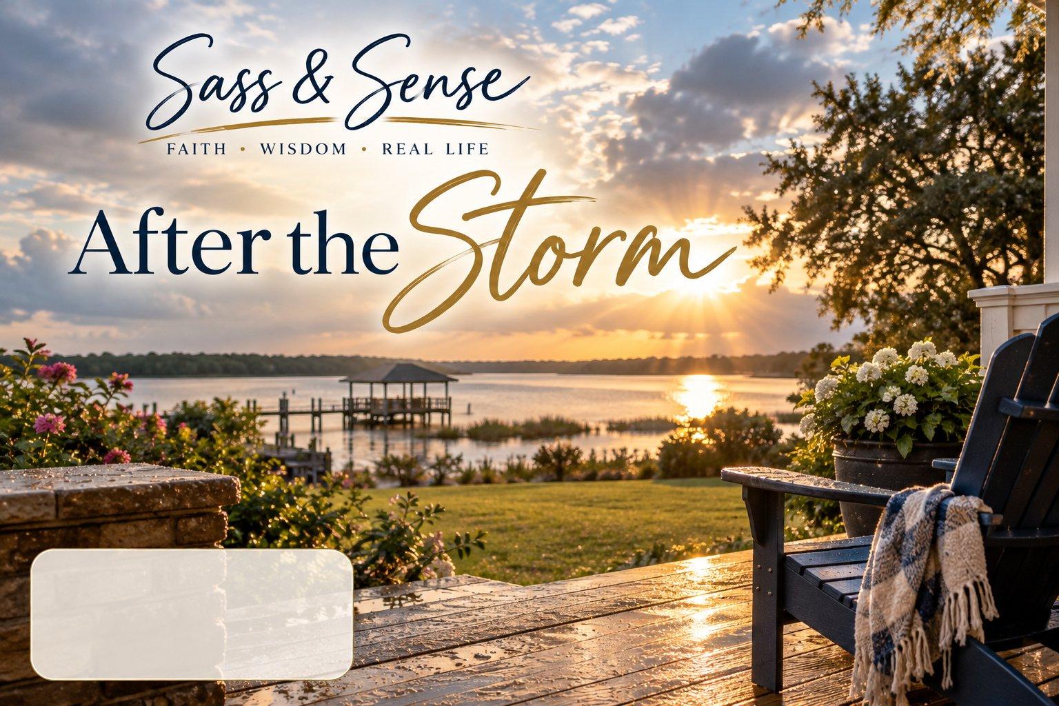 A rain-washed porch with a navy Adirondack chair and a plaid throw, overlooking a calm bay and pier as the sun breaks through the clouds.