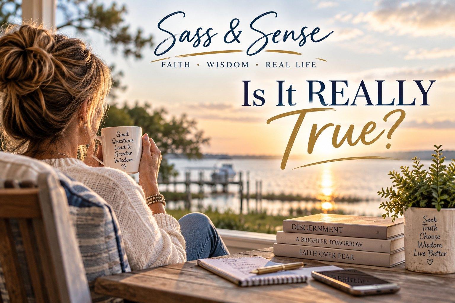 A woman with a coffee mug on a porch overlooking the water at sunrise, beside books titled Discernment, A Brighter Tomorrow and Faith Over Fear.