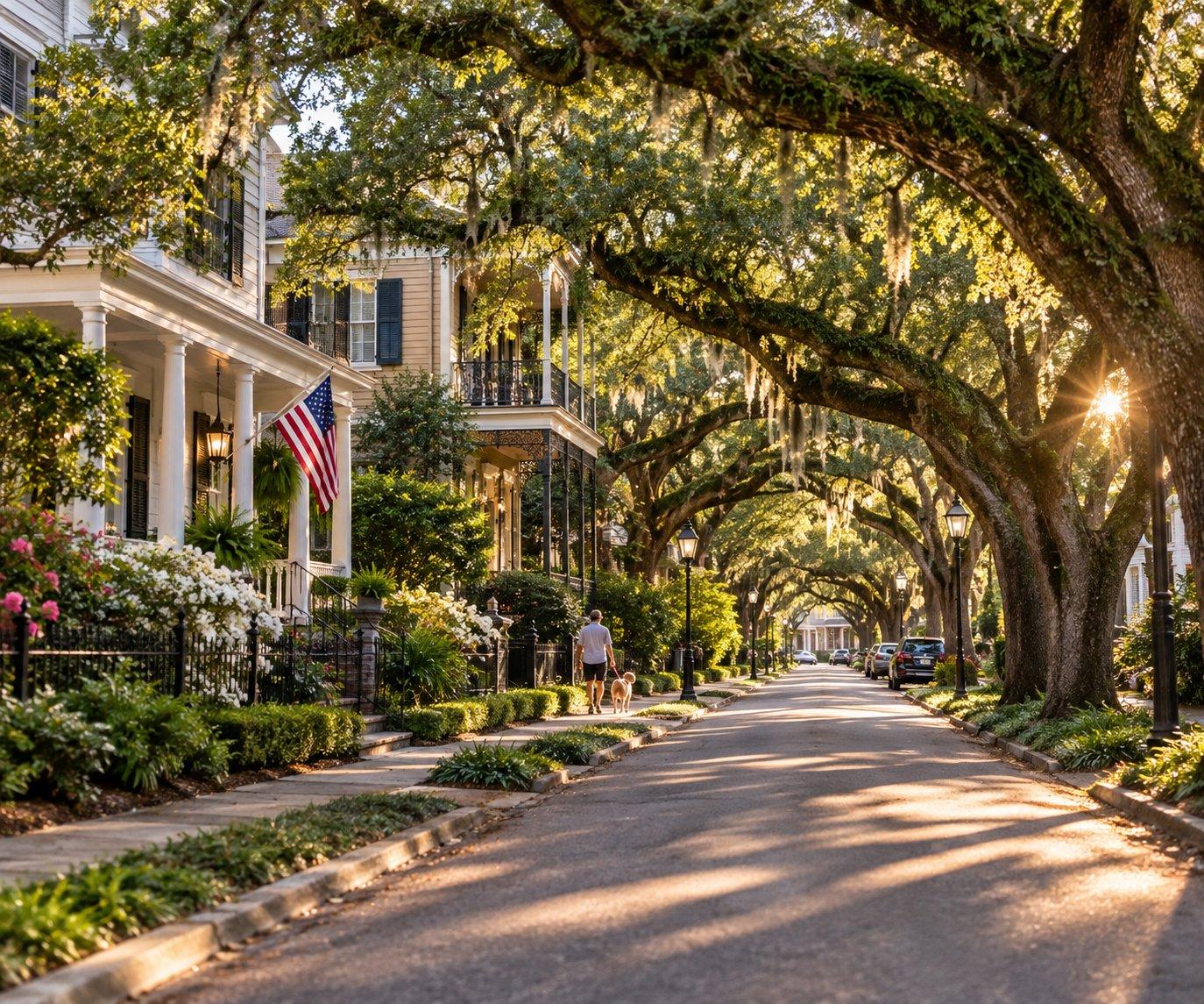 A historic, oak-canopied residential street in Mobile at golden hour, with someone walking a dog.