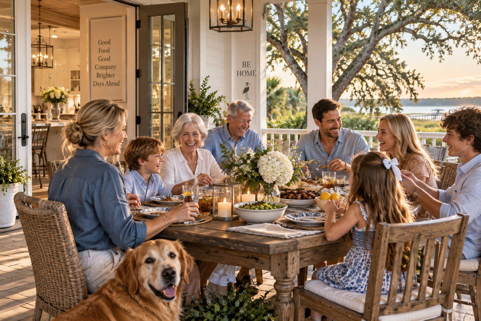 A family gathers for dinner on a porch beneath an oak tree at sunset, overlooking the water.