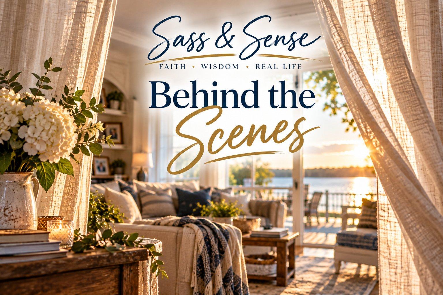 A sunlit living room seen between linen curtains, with white hydrangeas, a navy plaid throw on the sofa, and a porch overlooking the water at sunset.