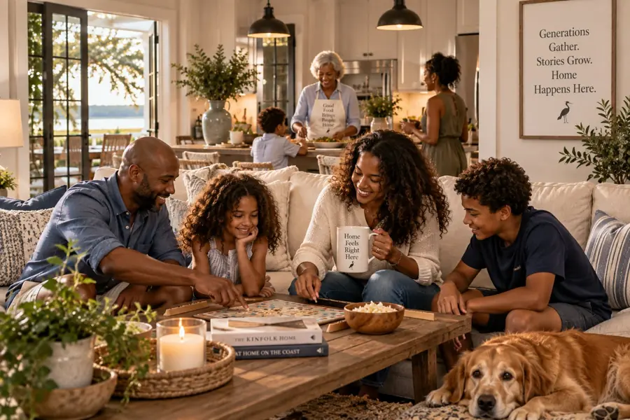 A family gathered around a coffee table in a bright living room with their golden retriever