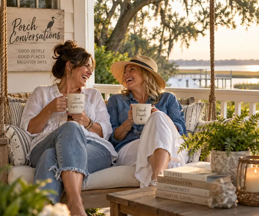 Two friends laughing over coffee on a porch overlooking the bay